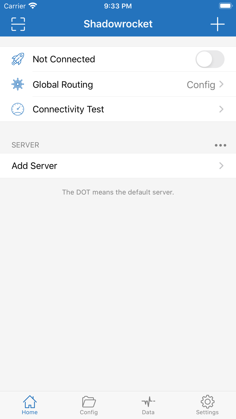 Official Shadowrocket Home screenshot showing the Not Connected switch at the top, with Global Routing, Connectivity Test, SERVER, and Add Server below